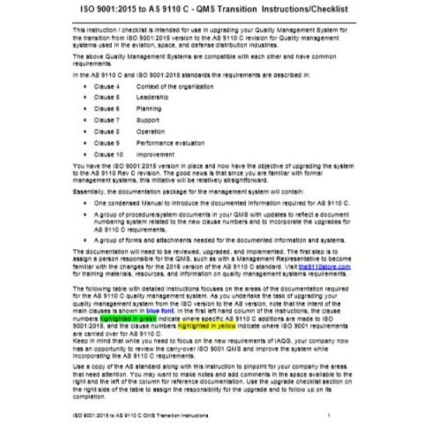 ISO 9001 to AS9110C Quality Manual Upgrade Instructions