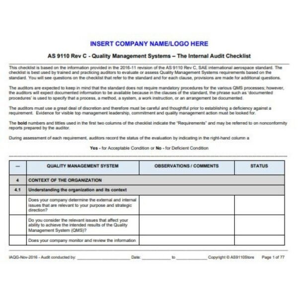 AS9110 Rev C Internal Auditor Training &amp; Checklist Package