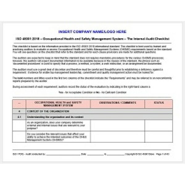 ISO 45001:2018 Internal Audit Checklist, Procedure, and Forms