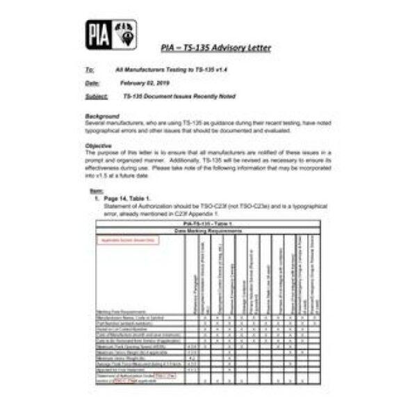 PIA PIA-TS-135 ADVISORY LETTER