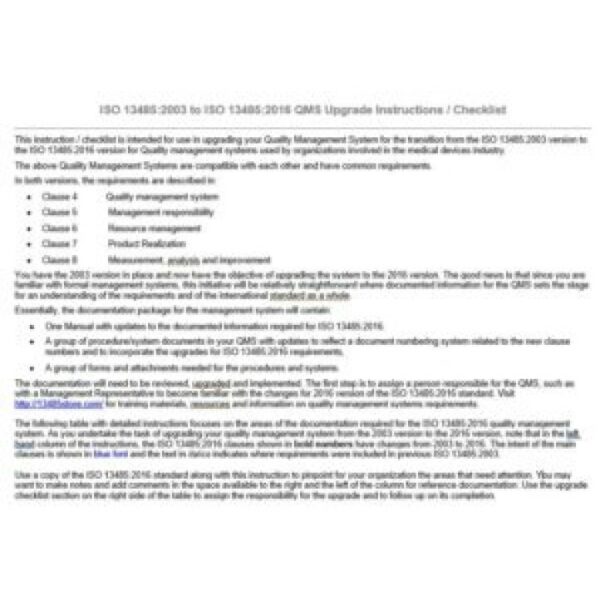 ISO 13485:2003 to 2016 QMS Upgrade Instructions Transition