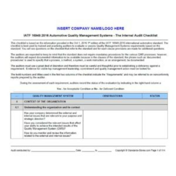 ISO 9001:2015 to IATF 16949:2016 Internal Auditor Tools: Checklist, Procedures and Forms