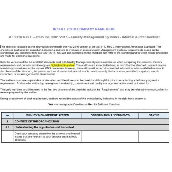 ISO 9001 to AS9110C Internal Audit Checklist